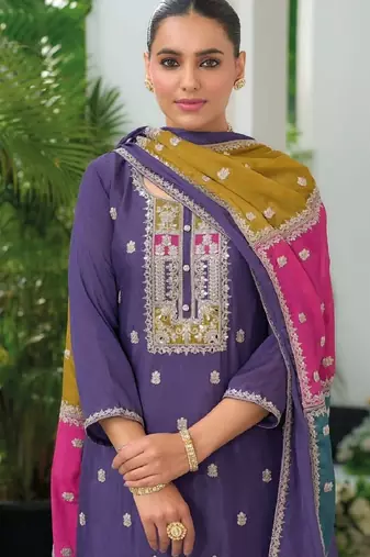 Lavender color chinnon silk embroidery work wedding wear designer salwar suit