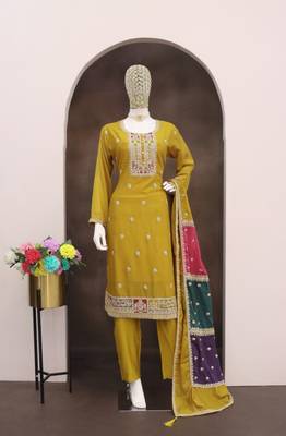 Yellow color chinnon silk embroidery work wedding wear salwar suit 4