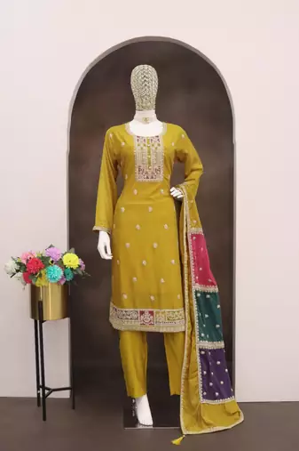 Yellow color chinnon silk embroidery work wedding wear designer salwar suit