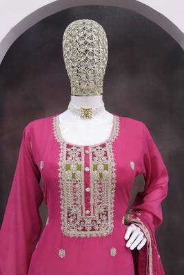 Pink color chinnon silk embroidery work wedding wear  salwar suit 3
