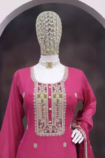 Pink color chinnon silk embroidery work wedding wear designer salwar suit