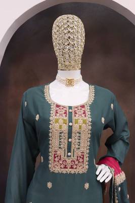 Green color chinnon silk embroidery work wedding wear  salwar suit 3