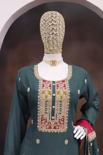 Green color chinnon silk embroidery work wedding wear designer salwar suit