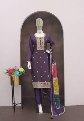 Lavender color chinnon silk embroidery work wedding wear  salwar suit 3