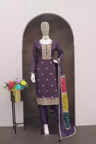 Lavender color chinnon silk embroidery work wedding wear designer salwar suit