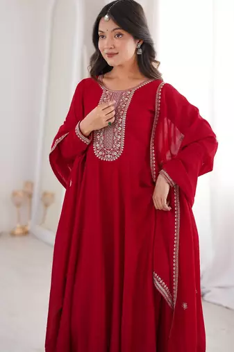 Maroon color vichitra silk embroidery work party wear long gown