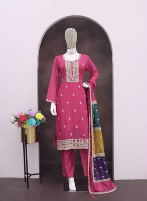 Pink color chinnon silk embroidery work wedding wear  salwar suit 4