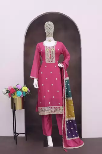 Pink color chinnon silk embroidery work wedding wear designer salwar suit