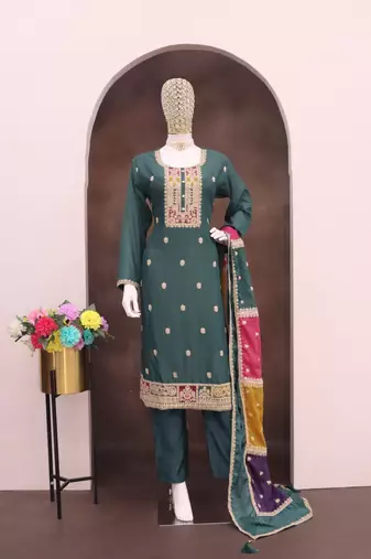 Green color chinnon silk embroidery work wedding wear designer salwar suit