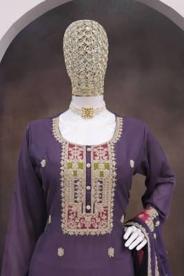 Lavender color chinnon silk embroidery work wedding wear  salwar suit 4