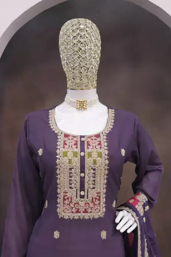 Lavender color chinnon silk embroidery work wedding wear designer salwar suit