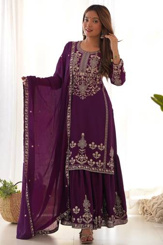 Purple color chinnon silk embroidery work wedding wear palazo set