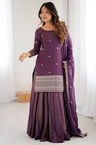 Wine color roman shimmer silk party wear palazo set