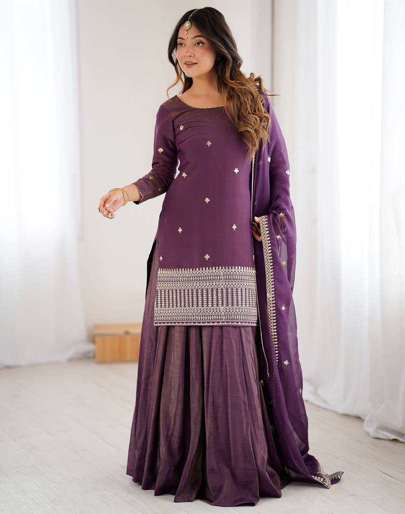 Wine color roman shimmer silk party wear palazo set