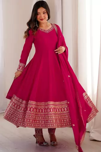 rani color vichitra silk embroidery work party wear long gown