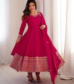 rani color vichitra silk embroidery work party wear long gown