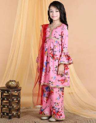 Pink floral printed silk blend ethnic kurta sharara set for girls 3