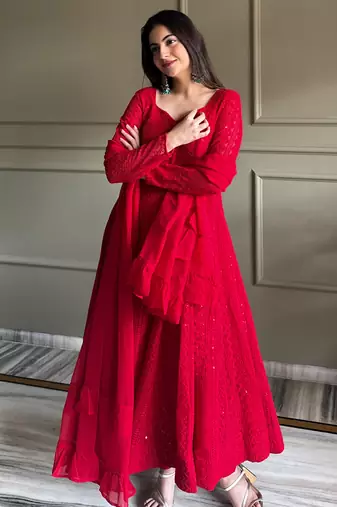 Red color faux georgette heavy embroidery work functional wear gown