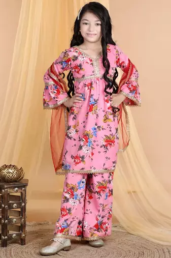 Pink floral printed silk blend ethnic kurta sharara set for girls