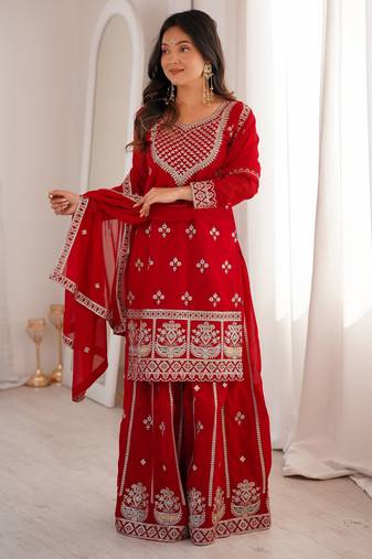 Red color faux georgette heavy embroidery work functional wear palazo set