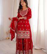 Red color faux georgette heavy embroidery work functional wear palazzo set