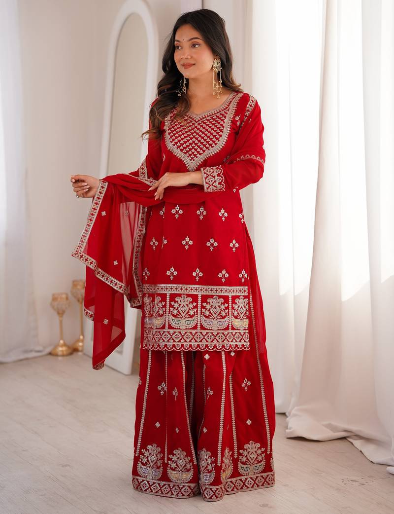Red color faux georgette heavy embroidery work functional wear palazo set