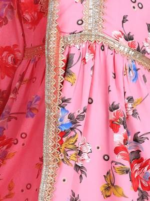 Pink floral printed silk blend ethnic kurta sharara set for girls 5