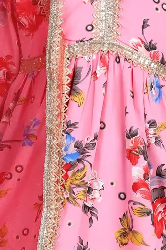 Pink floral printed silk blend ethnic kurta sharara set for girls