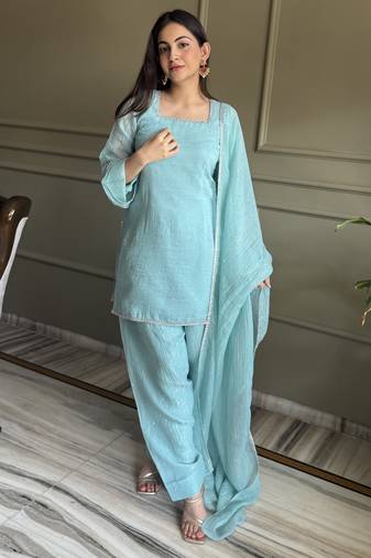 sky color crunchy silk party wear salwar suit
