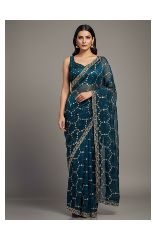 Blue Color Sequins With Zari Thread Embroidery work Chiffon Saree 1