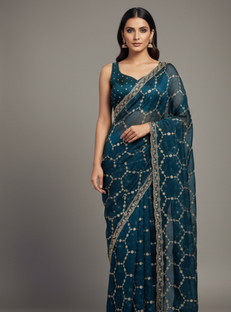 Blue Color Sequins With Zari Thread Embroidery work Chiffon Saree