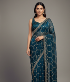 Blue Color Sequins With Zari Thread Embroidery work Chiffon Saree