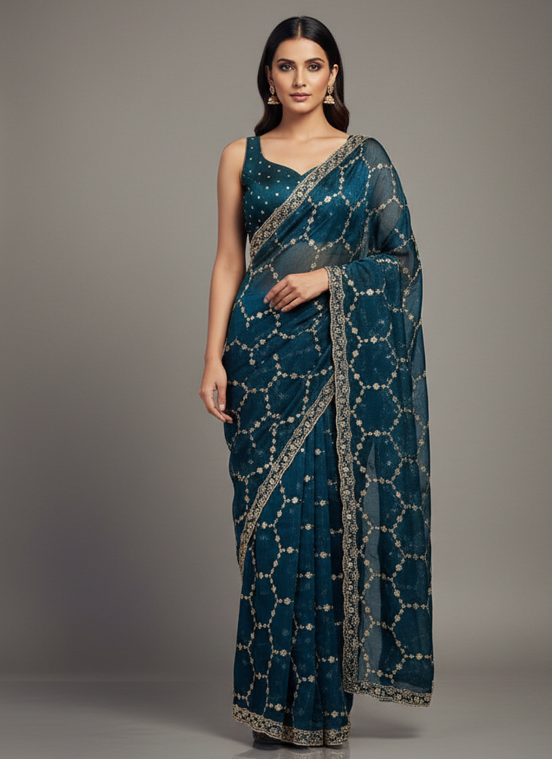 Blue Color Sequins With Zari Thread Embroidery work Chiffon Saree