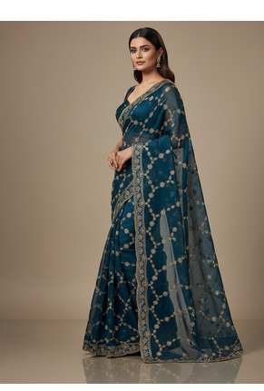 Blue Color Sequins With Zari Thread Embroidery work Chiffon Saree 2