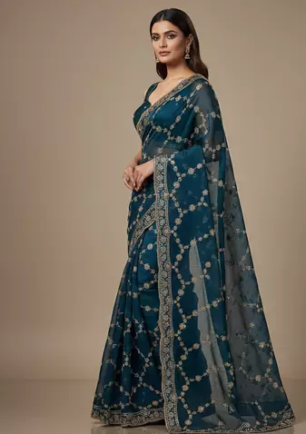 Blue Color Sequins With Zari Thread Embroidery work Chiffon Saree