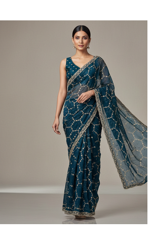 Blue Color Sequins With Zari Thread Embroidery work Chiffon Saree 3