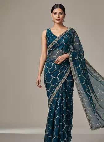 Blue Color Sequins With Zari Thread Embroidery work Chiffon Saree