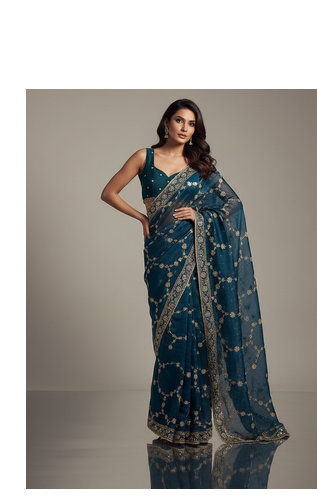 Blue Color Sequins With Zari Thread Embroidery work Chiffon Saree 4