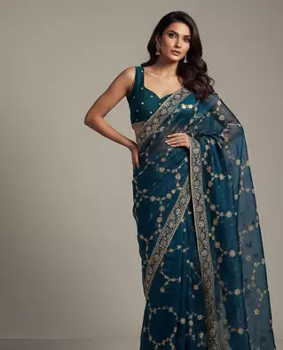 Blue Color Sequins With Zari Thread Embroidery work Chiffon Saree