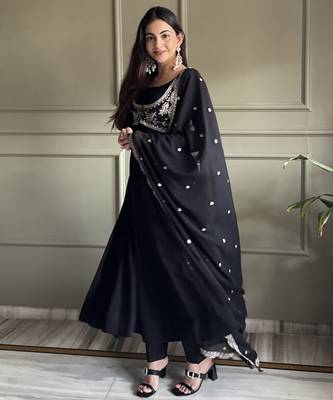 Black color faux georgette heavy embroidery work functional wear long gown 2