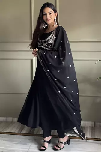 Black color faux georgette heavy embroidery work functional wear long gown