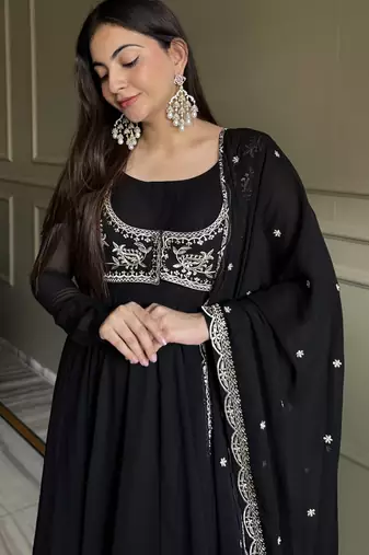 Black color faux georgette heavy embroidery work functional wear long gown
