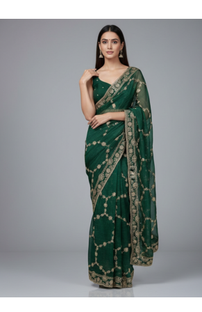Green Color Sequins With Zari Thread Embroidery work Chiffon Saree 1