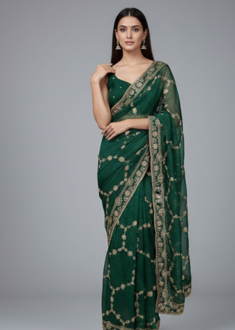 Green Color Sequins With Zari Thread Embroidery work Chiffon Saree
