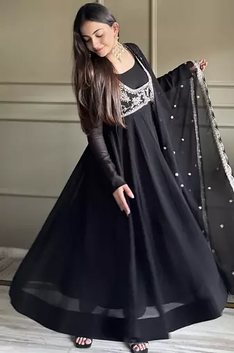 Black color faux georgette heavy embroidery work functional wear long gown