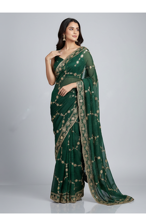 Green Color Sequins With Zari Thread Embroidery work Chiffon Saree 2