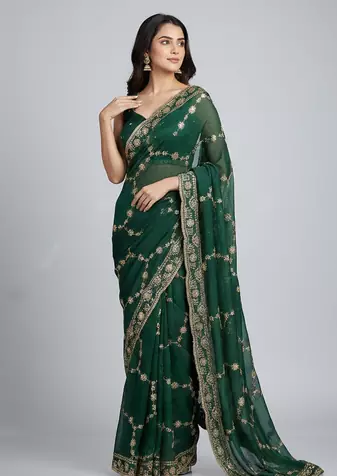 Green Color Sequins With Zari Thread Embroidery work Chiffon Saree