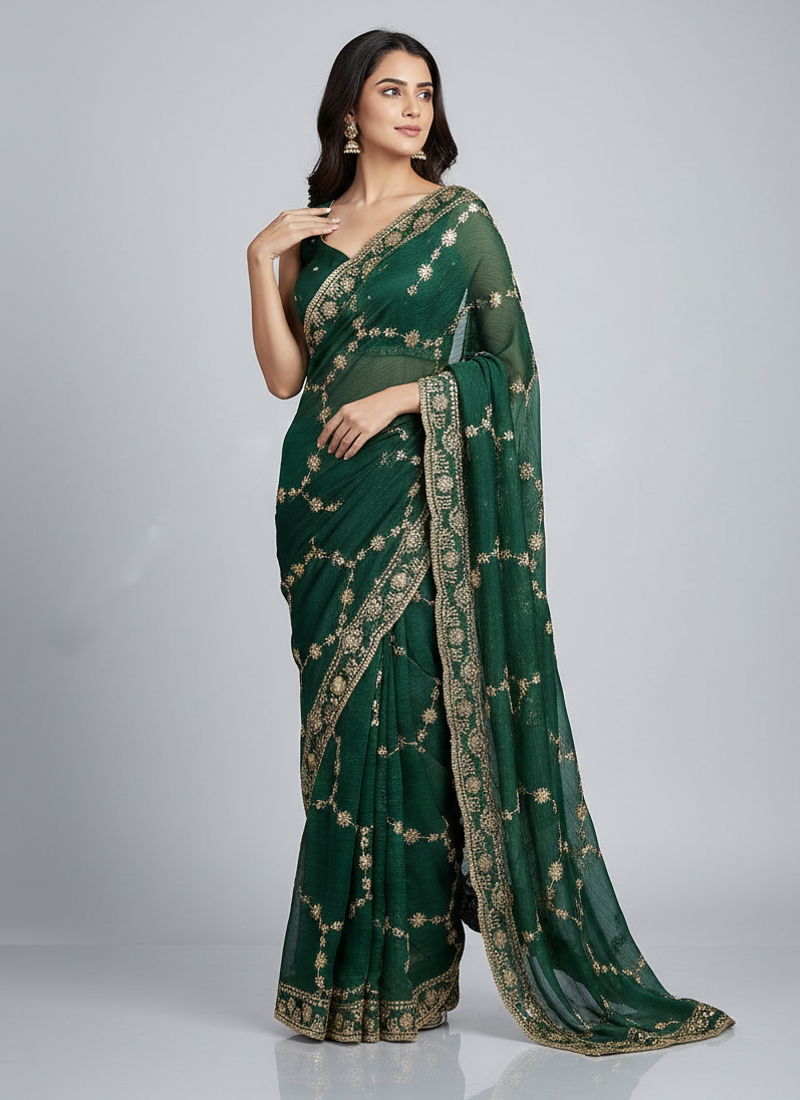 Green Color Sequins With Zari Thread Embroidery work Chiffon Saree