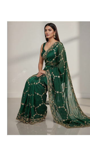 Green Color Sequins With Zari Thread Embroidery work Chiffon Saree 3