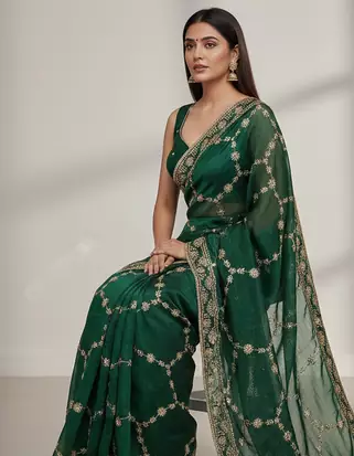 Green Color Sequins With Zari Thread Embroidery work Chiffon Saree